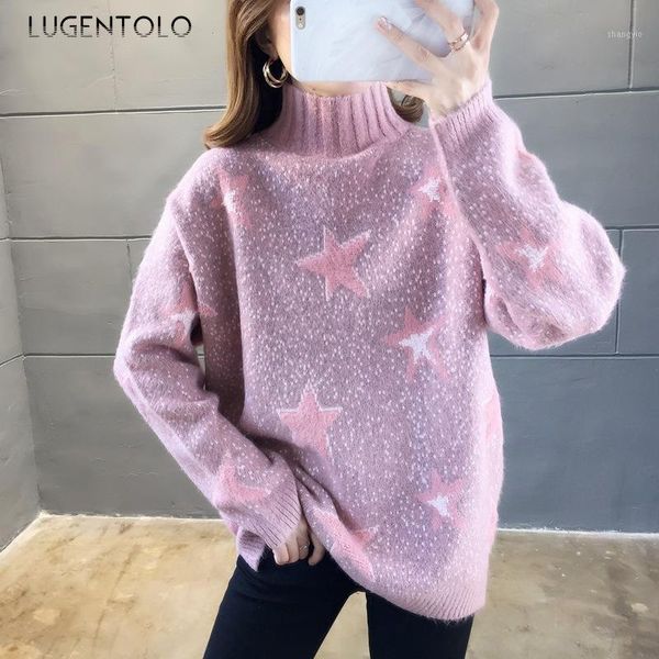 

lugentolo women sweater fashion half-high collar bottoming shirt long-sleeved autumn winter loose sets of thickened wild sweater1, White;black