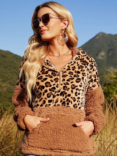 

leopard panel half zip flannel hoodie l6of#, White;black