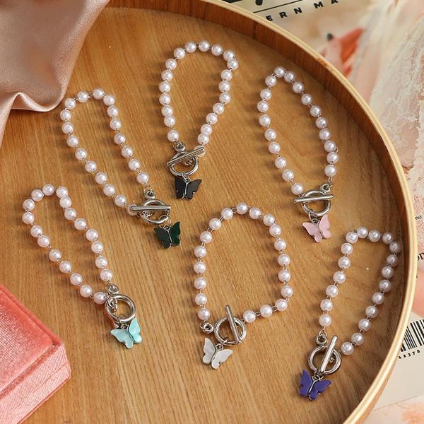 

charm bracelets ifmia trendy ins acrylic butterfly pendant imitation pearl beaded bracelet for women girl toggle jewelry gift, Golden;silver