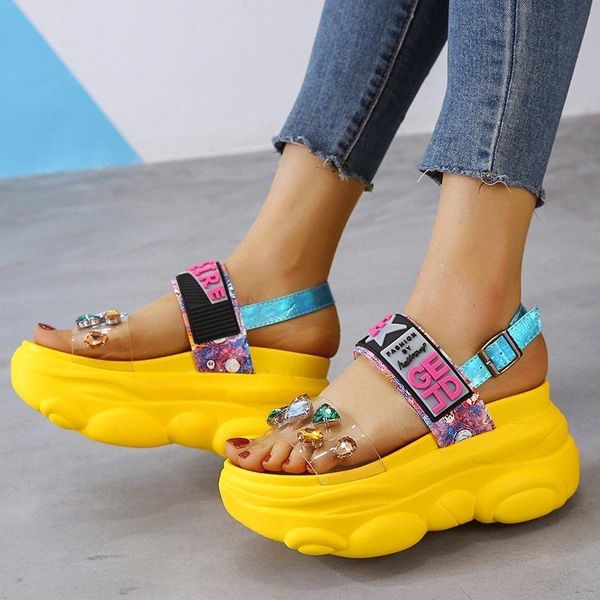 

sandals wedges platform women 2021 crystal designer height increasing ladies high heels shoes woman sport beach sandalias, Black