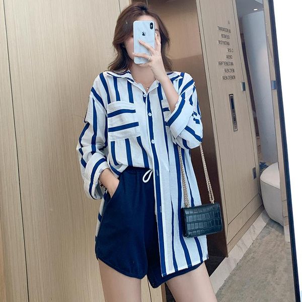 

women's tracksuits the summer 2021 baggy, long-sleeved striped shirt, casual drawstring pants, two-piece set, Gray