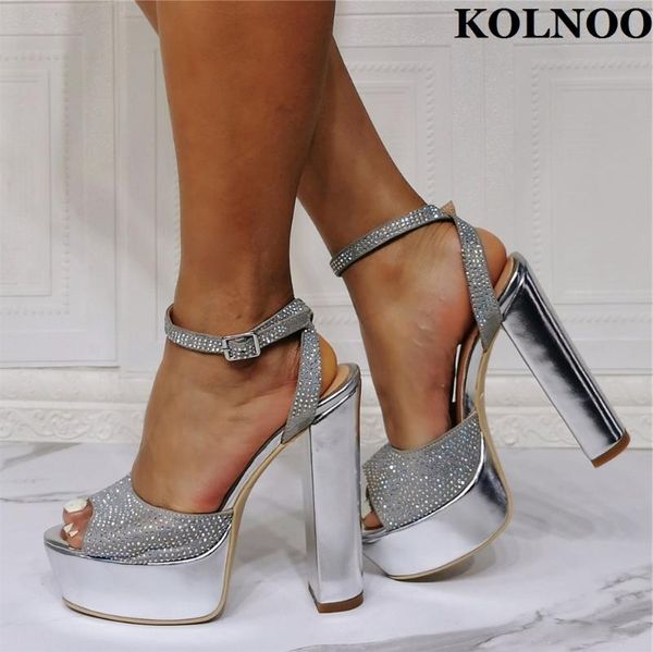 

sandals kolnoo 2022 womens chunky heeled handmade rhinstone peep-toe evening party prom shoes real pos fashion, Black