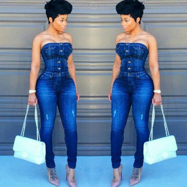 

women's jeans off shoulder jumpsuits rompers fashion strapless buttons long pants slim denim overalls, Blue