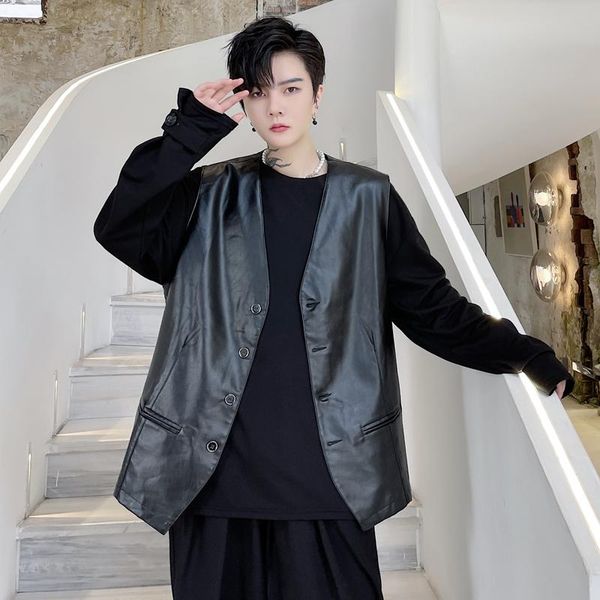 

men's vests 2021 autumn button decoration cardigan v-neck solid color pu vest hairdresser tide brand dark, Black;white