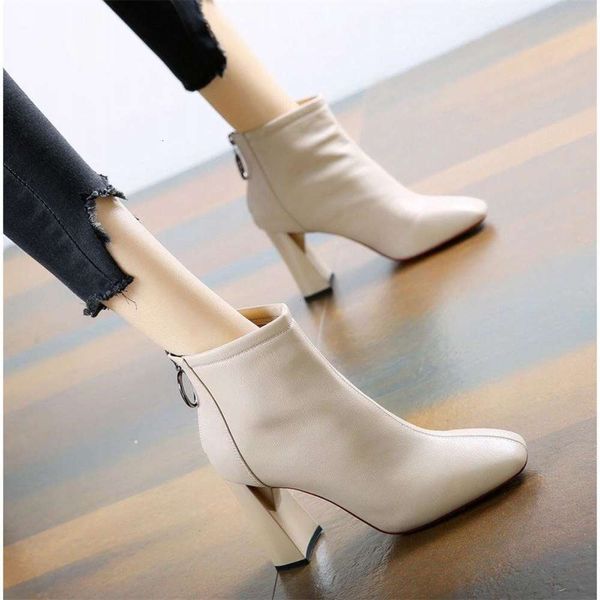 

thick martin high heel 2020 new versatile square short autumn and winter zipper women's cotton boots, White;red