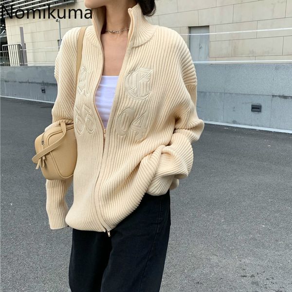 

nomikuma letter embroidery sweater women zip-up long sleeve casual loose cardigan female korean chic knitwear outerwear 3d237, Black