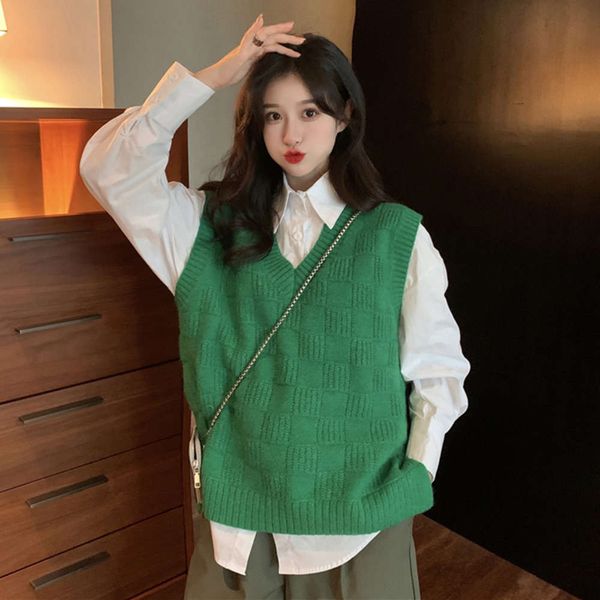 

autumn sweater coat plaid knitted vest loose temperament women's wear, White