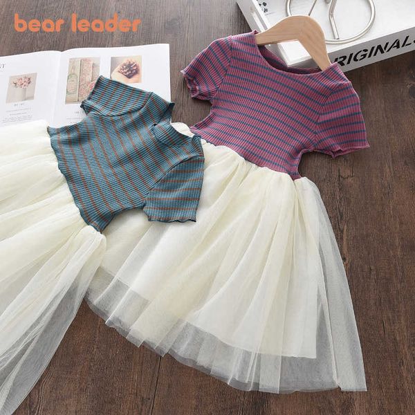 

bear leader baby girls striped patchwork dresses summer baby fashion mesh party dress kids casual sweet vestidos 2-7y 210708, Red;yellow