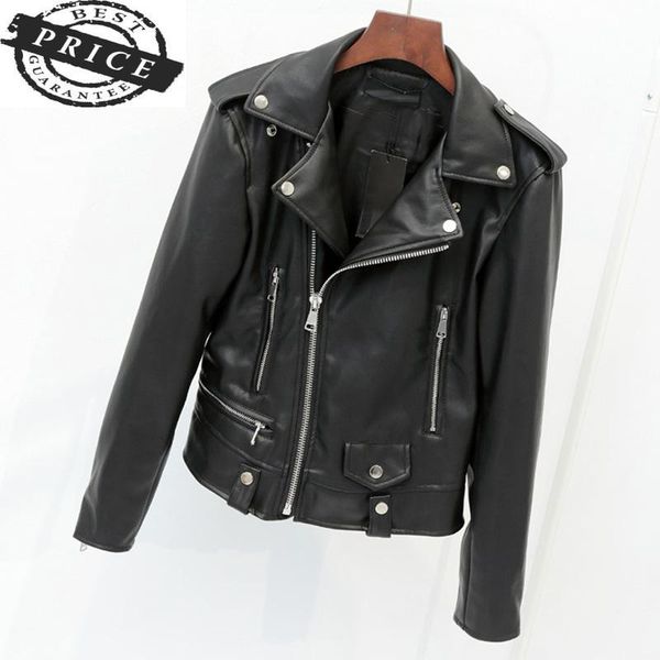 

autumn 2021 spring new and ladies short leather jacket pu leather jacket short motorcycle clothing large size, Black