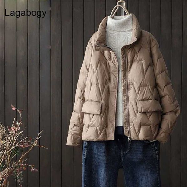 

lagabogy autumn winter coat women ultra light white duck down parka short loose puffer jacket female casual outwear 211022, Black