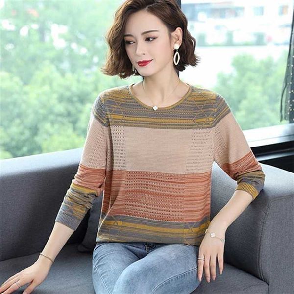 

round neck long sleeve women summer thin sweater loose plus size fashion striped ladies pullover sueters de mujer 3xl 211217, White;black