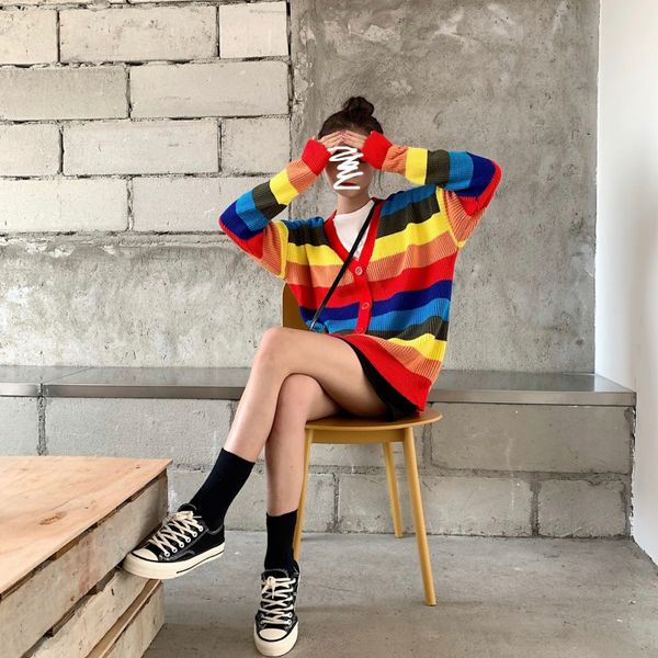 

oversize thick sweater rainbow stripe v-neck sweater coat womens lazy wind in winter loose outside with knitted cardigan top, White;black