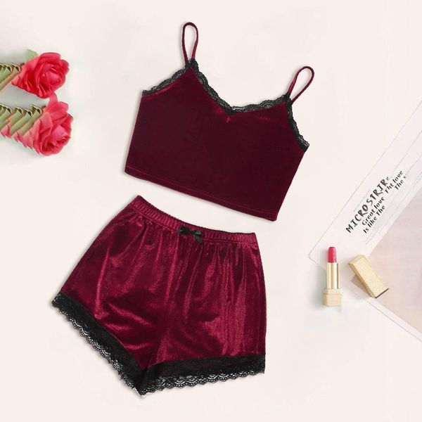 

velvet lace pajamas women cute lingerie sleepwear nightdress shorts pyjama femme sexy, Black;red