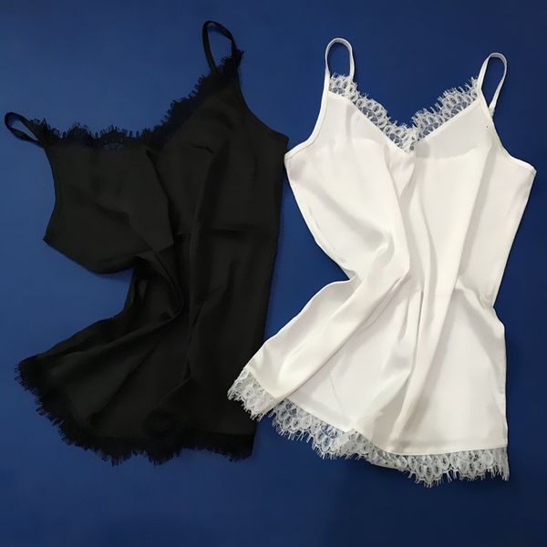 

2021 3pcs/lot patchwork camis women spaghetti strap eyelash lace stain vest v neck black shirts camisole new inner shirt 9edk, White