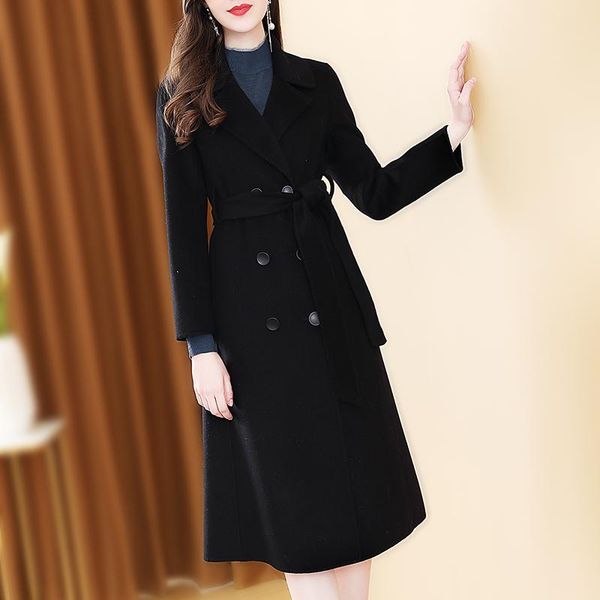 

women's wool & blends kmetram 100% coat female jacket winter women korean double side woolen coats and jackets long trench my, Black