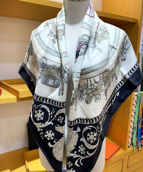 

scarves high-end elegant women's court carriage chain printed quality silk twill sand washed 16 / handrolled generous scarf shawl, Blue;gray