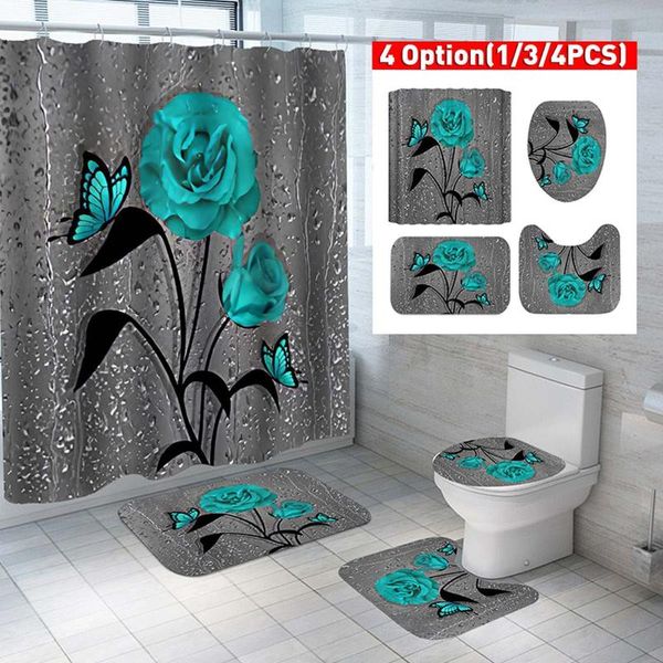 

green butterfly rose pattern waterproof print shower curtain 4 piece carpet cover toilet cover bath mat pad set bathroom curtain