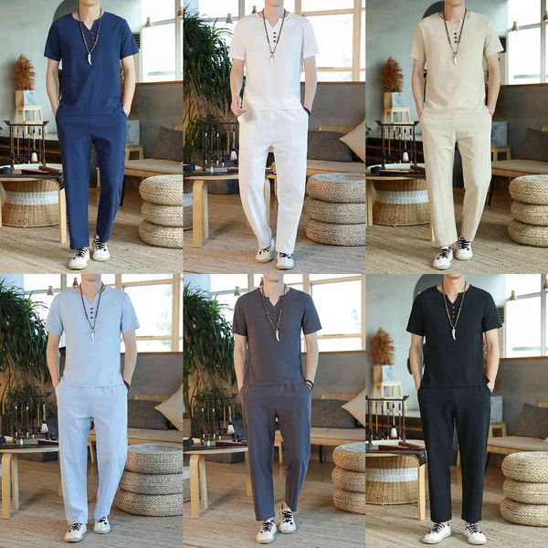 Kolmakov Japonya Tarzı Erkek Pamuk ve Keten Kısa Kollu T-Shirt + Pantolon Setleri Erkekler Katı Spor Takım Elbise Rahat Eşofman Erkek Boyutu M-5XL X0610