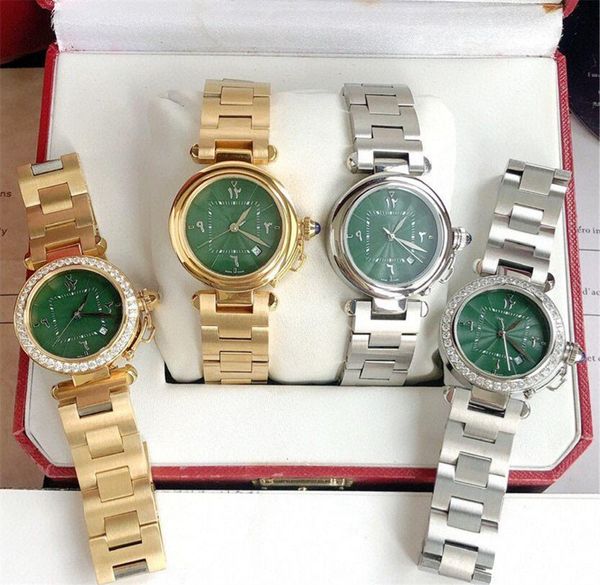 

women's watch dark green literal arabic number 35mm imported quartz movement, fine steel shell, sterling silver pointer, sapphire cryst, Slivery;brown