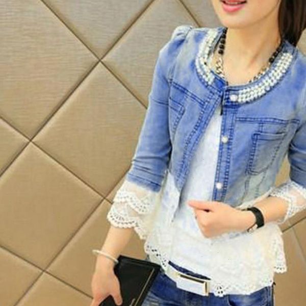 

wild spring and autumn women casual lace half sleeve denim jacket long jean coat bead outwear overcoat t, Black;brown