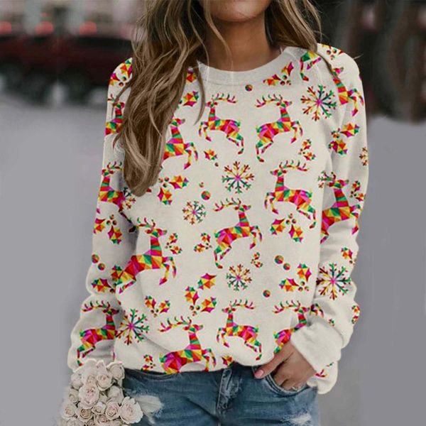 

women's t-shirt christmas print t-shirts autumn streetwear long-sleeved sweatshirt casual blouse pullover loose vintage clothes, White