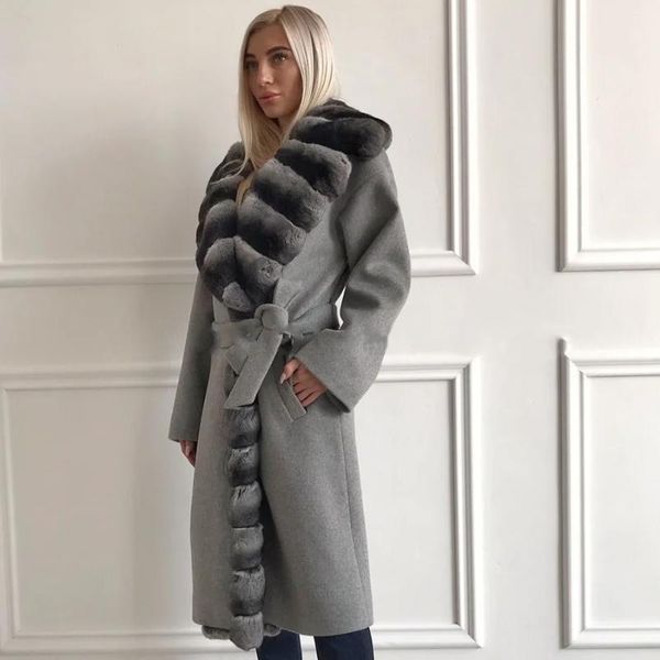 

women's fur & faux selling wool blend coat with fashion rex trim 2021 women trendy robe jacket, Black