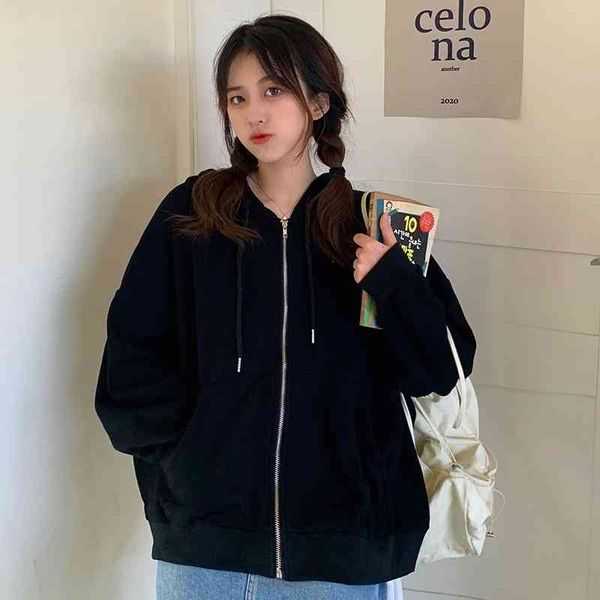 

solid 2021 spring and autumn thin sweater women's korean harajuku bf style loose student plush thickened hoodie, Black