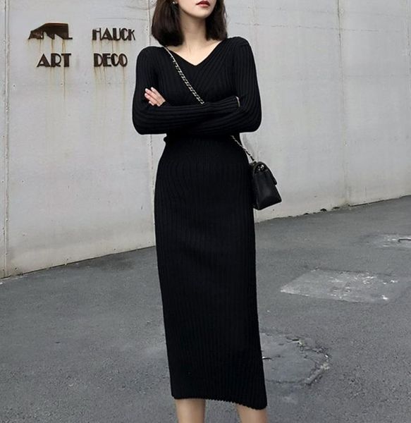 

casual dresses bornladies autumn winter slim v-neck women knitted midi dress long sleeve ladies skinny bodycon elegant vestidos femme, Black;gray