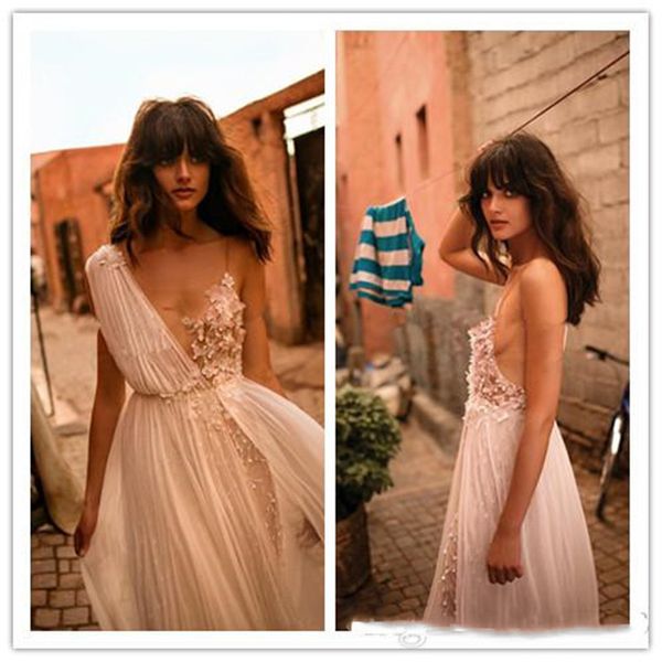 Liz Martinez Sexy boho abiti da sposa abiti da sposa abiti da sposa con scollo a V Seam-through in chiffon in chiffon perle A-Line Vestido de Noiva Praia