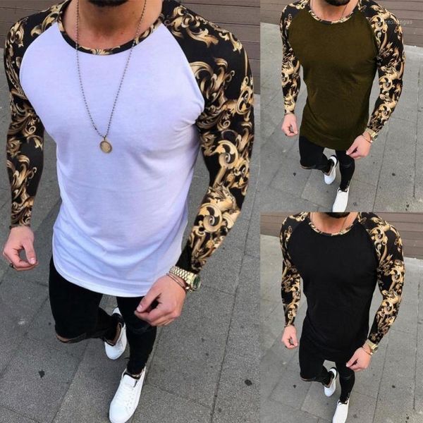

50% Â autumn casual men long sleeve t-shirt floral patchwork round neck for men's clothing t-shirts, White;black