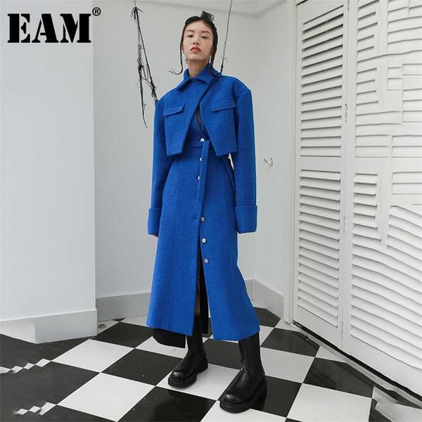 

[eam] loose fit big size irregular hollow out woolen coat parkas long sleeve women fashion autumn winter 1dd2176 211106, Black