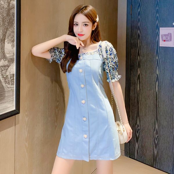 

2021 new denim summer women es casual sukienka single button sleeve print patchwork mini jeans for females one-piece robe qpss, Black;gray