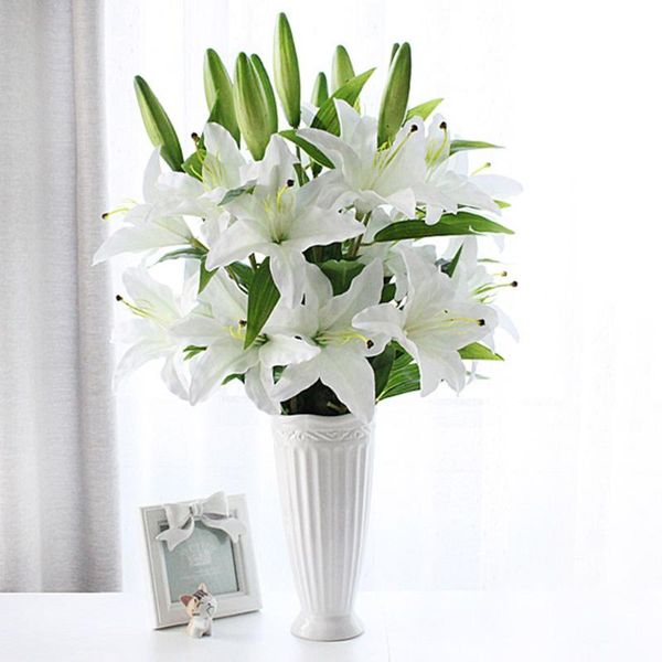 

5pcs/lot wedding party deocrative 75cm 3 heads white lily bouquet plastic artificial flower home living room art decor flowers
