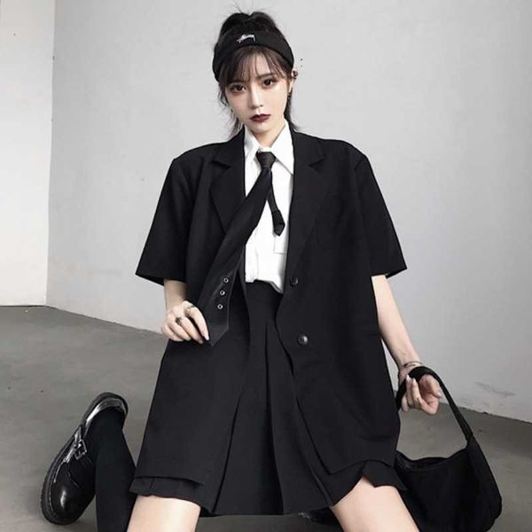 Корейский черный костюм Blazers Верхняя одежда с длинным рукавом Женщины двубортное тонкое пальто Повседневная Одежда Office Летняя 210604