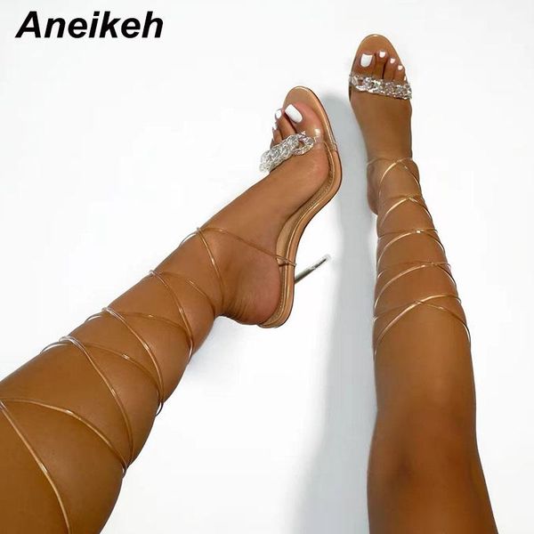 

sandals aneikeh fashion pvc shallow chain summer high 2021 cross-tied thin heels shoes women elegant de las mujeres party, Black