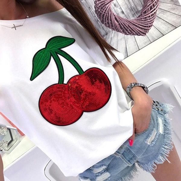 

summer off shoulder t-shirt women t shirt sequin cherry applique t-shirts tee shirt femme, White