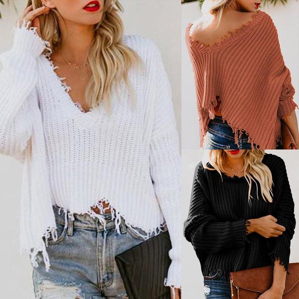 

women's sweaters for women pullover 2021 knitted sweater deep v-neck cropped tassel winter clothes mmy118060, White;black