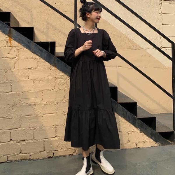 

2021 new female autumn square neck black fashion spring dress 17pv, Black;gray