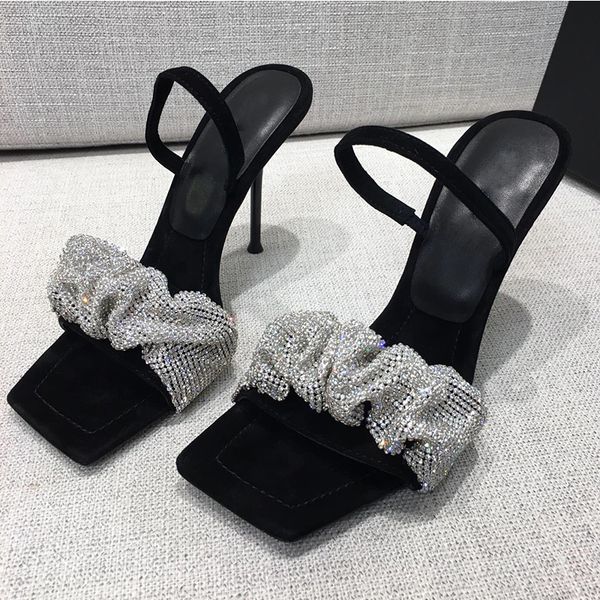 

summer fashion heels sandal slippers genuine leather soft flash drill sequined black women shoes super high heeled sandals shoe