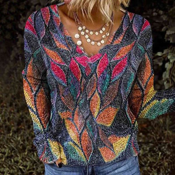 

long sleeve v neck leaves womens blouses print vinrage loose spring casual pullover ladies plus size harajuku, White