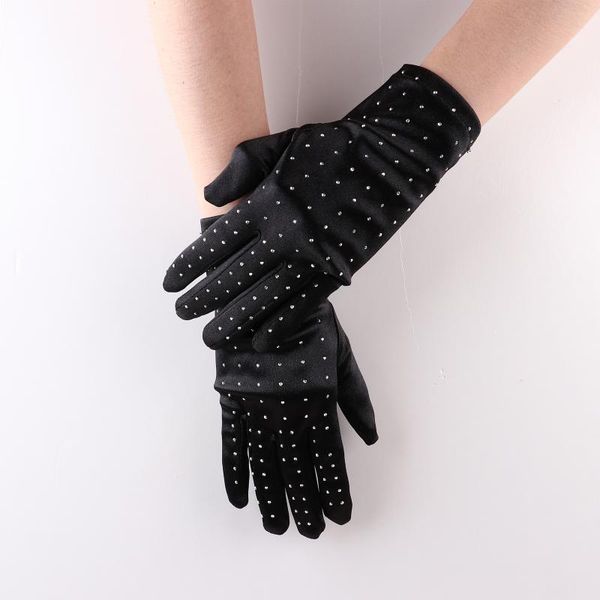 

five fingers gloves bride black drilling sequin silk satin wedding party costume full mittens dance hand sleeve for women, Blue;gray