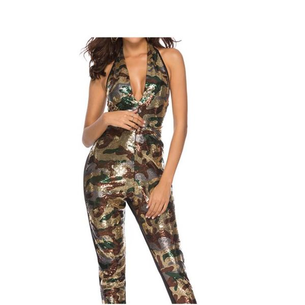 

women's jumpsuits & rompers 2021 women camouflage sequin jumpsuit halter backless sparkly romper glitter bodycon party one piece, Black;white