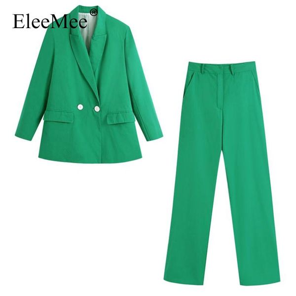 

women's two piece pants eleemee 2021 autumn blazer sets for women green streetwear double breasted coat and straight pocket fashion sui, White