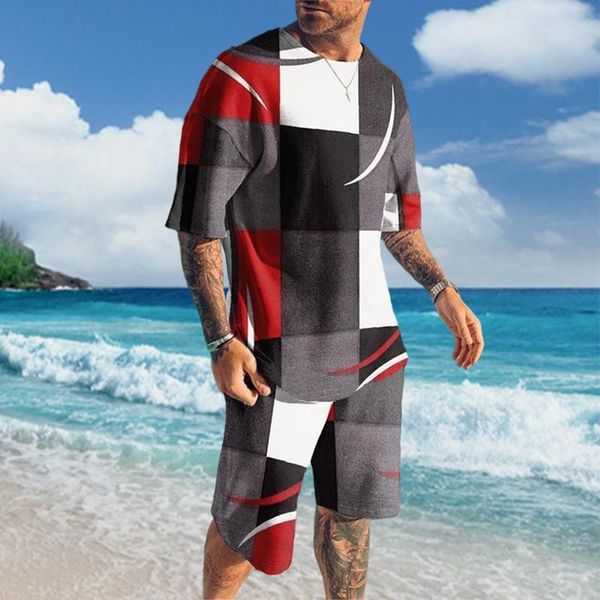 

jogging clothing 2021 men's fashion casual summer trend suit geometric pattern stitching 3d printing t-shirt shorts sportswear, Black;red