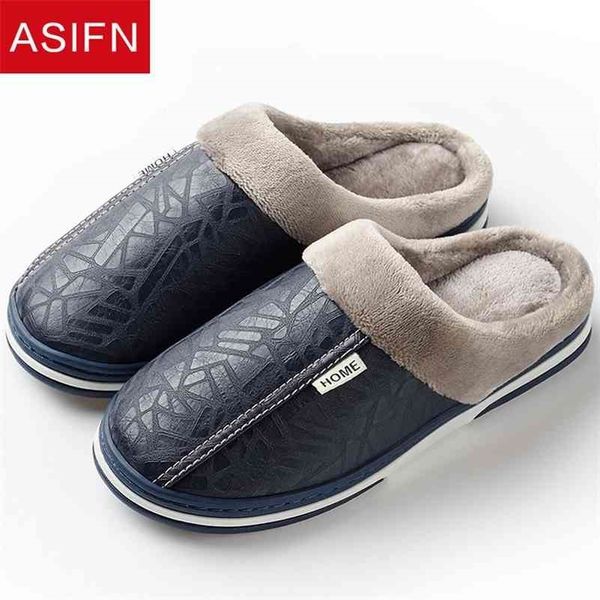 

asifn men slippers indoor leather winter waterproof warm home fur women slipper male couple platform shoes fluffy big sizes 210805, Black