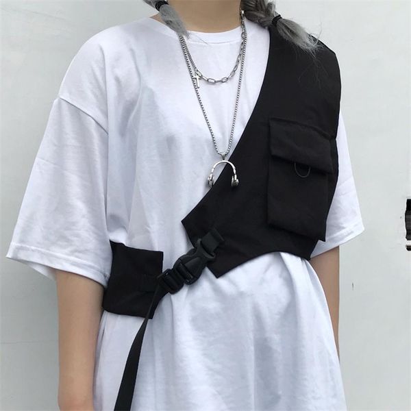 Женщины одно плечо тактический жилет Функциональный хип-хоп сундук сундук сумка мужская винтажная регулируемая наклонный жилет 210910