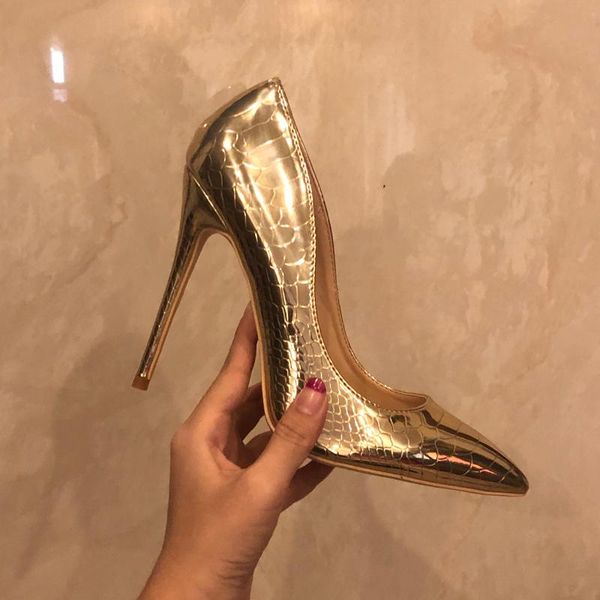 

2021 fashion new gold python patent leather poined toe stiletto high heel shoe pump high-heeled shoe dress shoes, Black