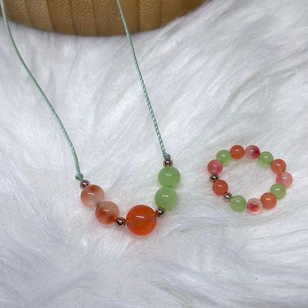 

earrings & necklace sweet girls jewelry set elastic beads rings green rope natural stones women aesthetic accessories gift for girlfriend, Silver