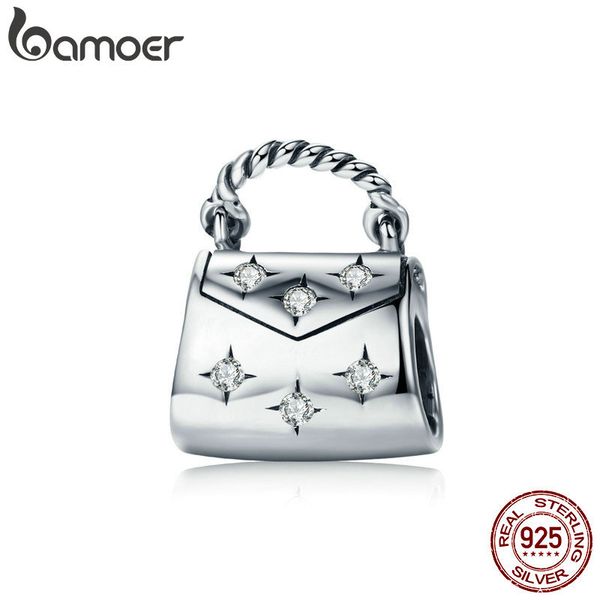 

bamoer genuine 925 sterling silver dazzling clear cz women handbag charm beads fit charm bracelet & necklace 925 jewelry scc607 q0531, Black