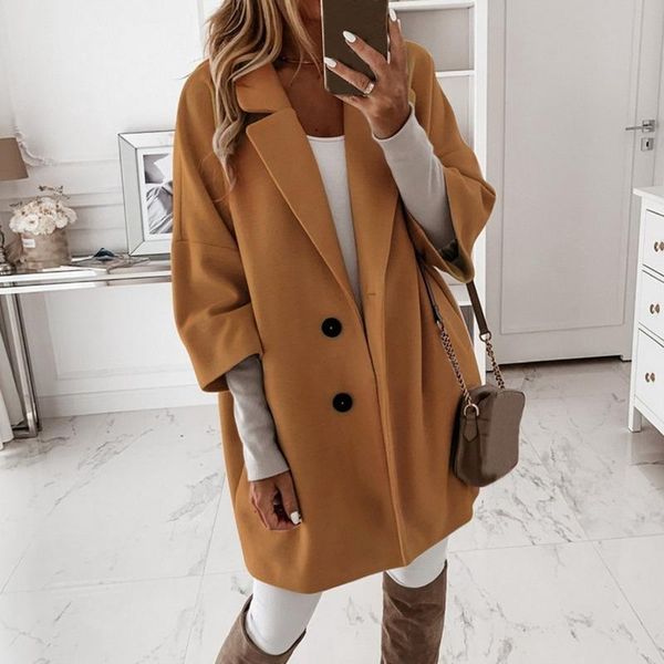 

women's wool & blends women winter autumn woolen coats turn-down collar long sleeve pocket jacket elegant office lady plus size, Black